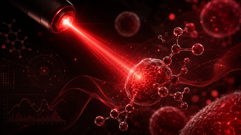 Scientific visualization of photobiomodulation research with a red light beam and molecular elements