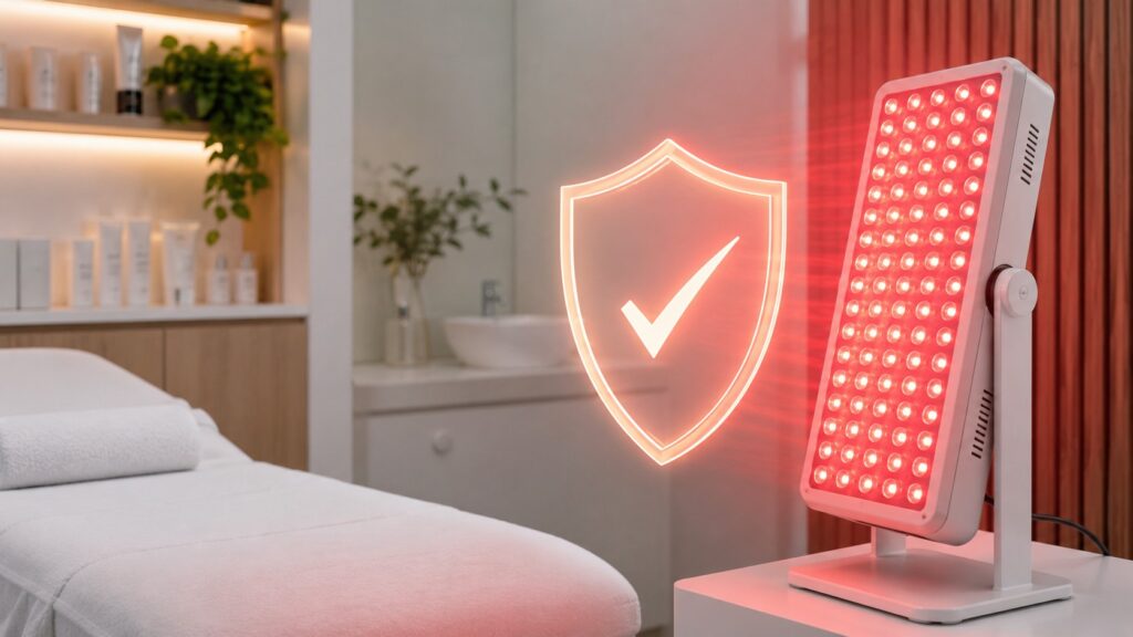 A red light therapy device in a clean clinical setting representing safety and regulatory standards