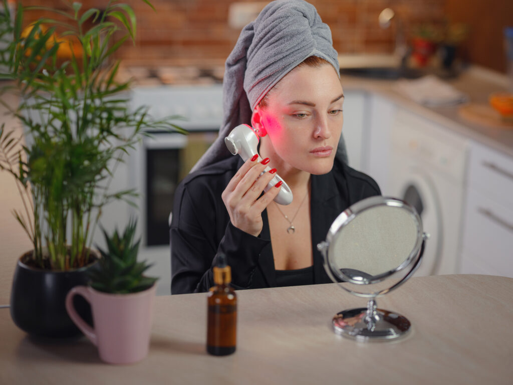 Woman using a handheld red light therapy device on her back at home