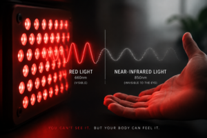 Red light and near-infrared light from a therapy panel showing visible 660 nm red light and invisible 850 nm NIR.