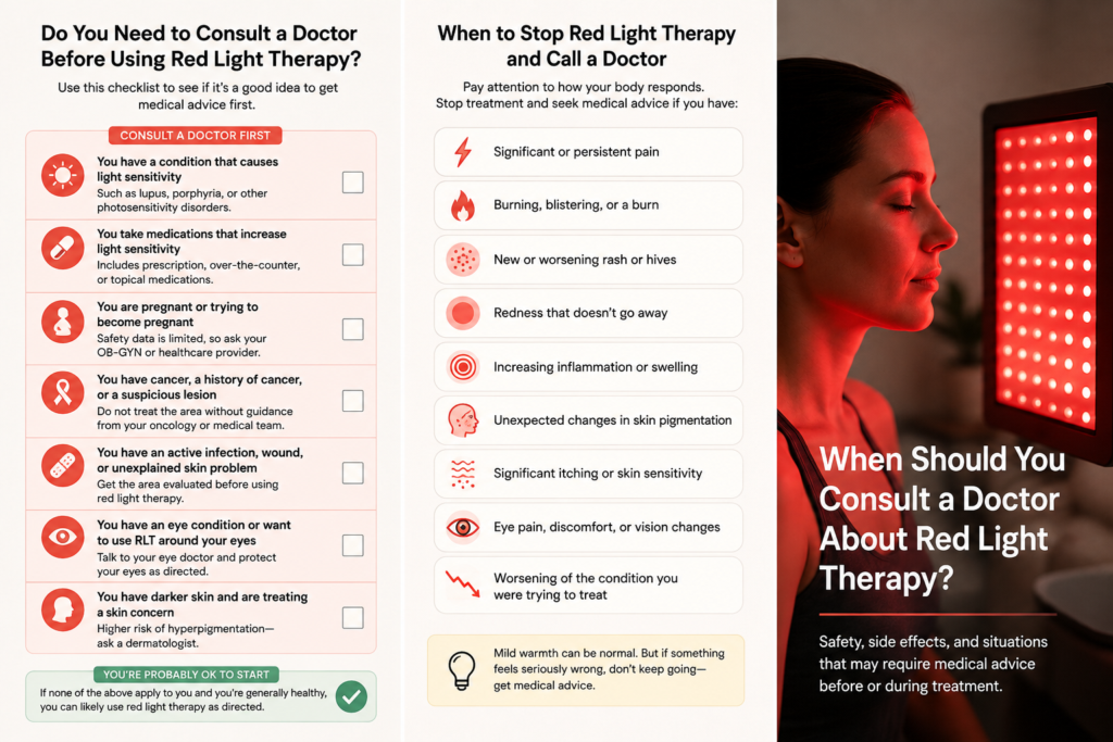 Woman using red light therapy alongside a doctor consultation about red light therapy safety, medications, and medical conditions.