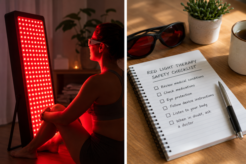 Red light therapy safety checklist beside a woman using a red light therapy panel with protective eyewear.