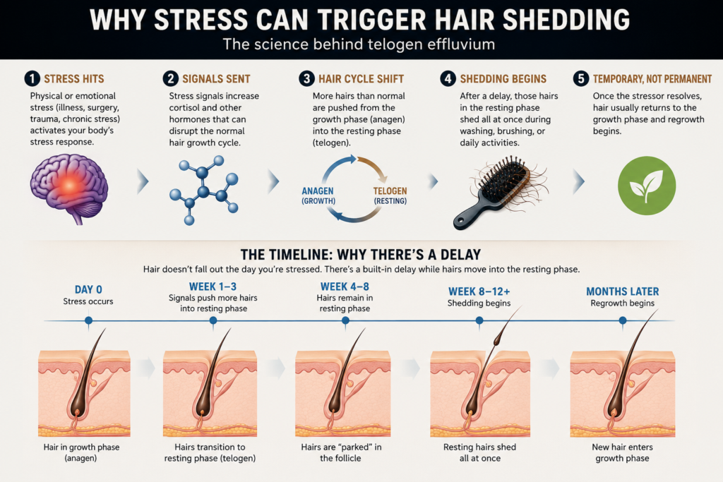A graphic explaining how stress can trigger hair shedding or hair loss in your 20s.