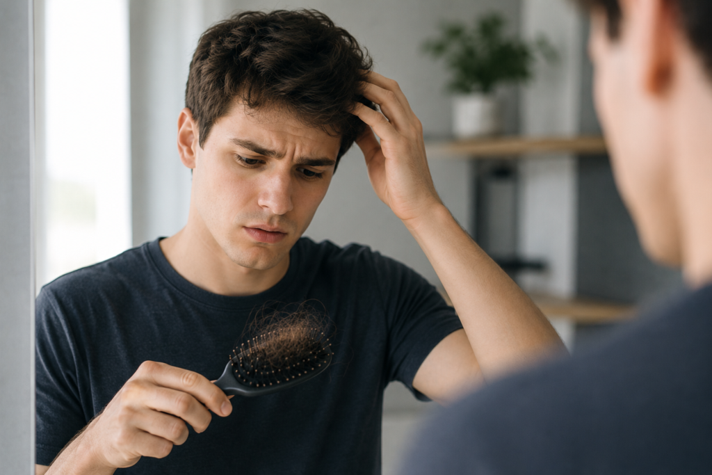 A young man noticing hair loss in his 20s after brushing his hair.