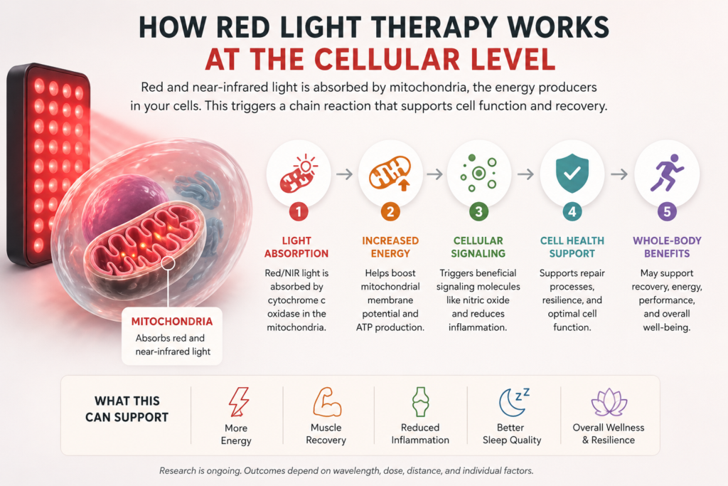 Graphic explaining and showing how red light therapy works in regards to nervous system regulation.