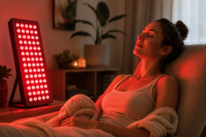 A woman using a red light therapy panel in her home for nervous system regulation.