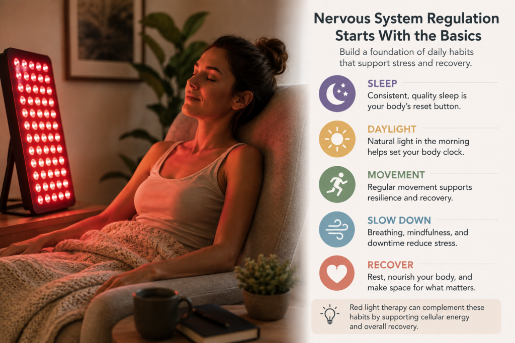 Woman relaxing beside a red light therapy panel with an infographic showing sleep, daylight, movement, mindfulness, and recovery habits for nervous system regulation.