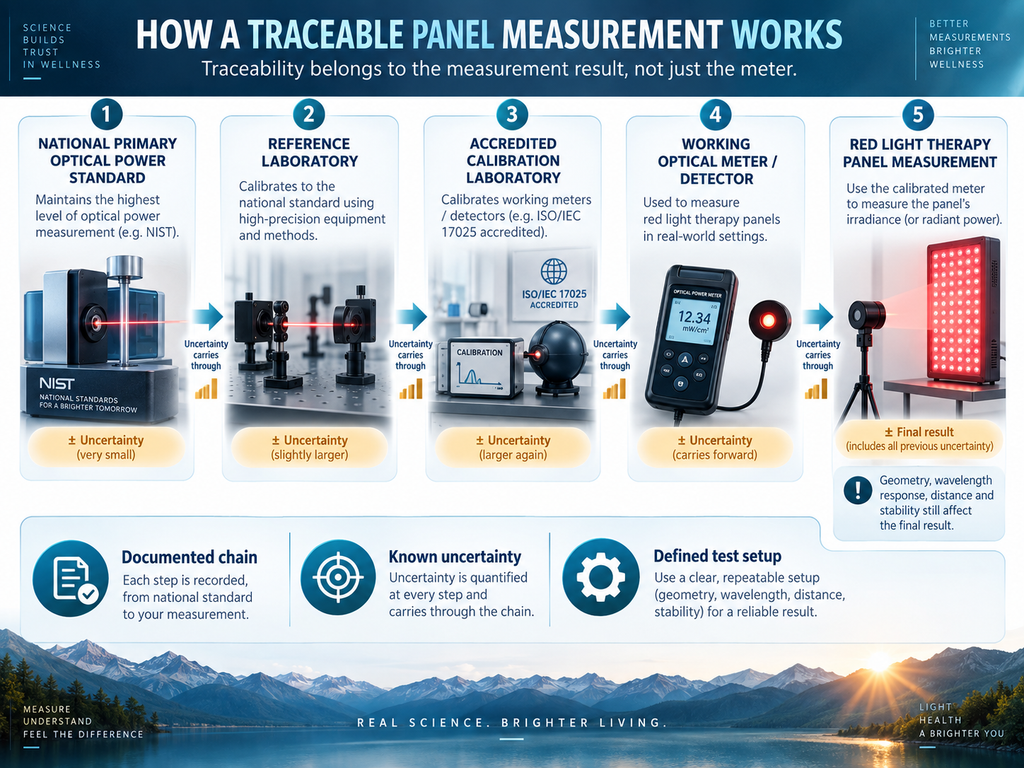 NIST traceable calibration graphic showing the measurement chain from optical power standards and laboratory calibration to a red light therapy panel test.