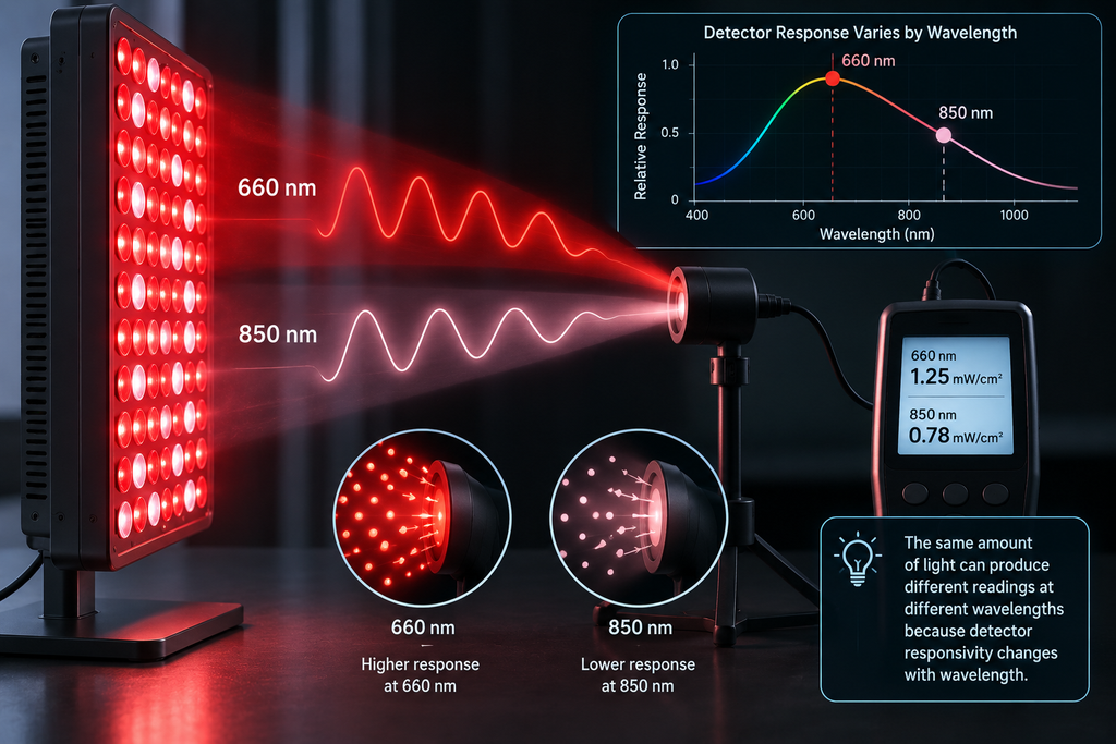 NIST traceable calibration graphic showing how detector response can vary when measuring 660 nm and 850 nm wavelengths from a red light therapy panel.
