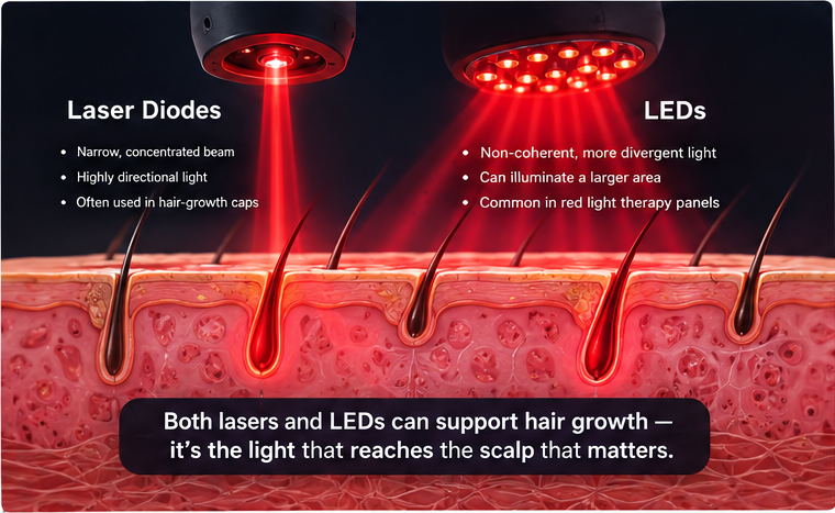 Laser caps vs LED red light therapy showing differences in light delivery