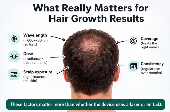 Laser caps vs LED red light therapy hair growth factors including wavelength, dose, and scalp coverage
