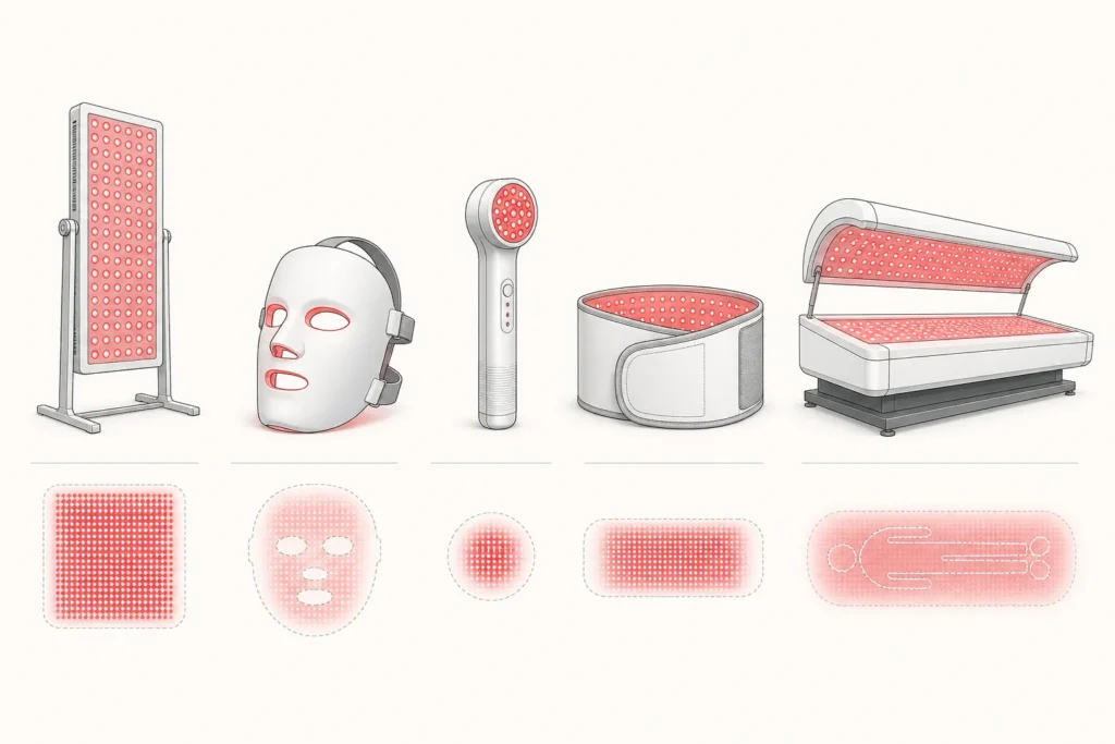 Line illustrations of five unbranded red light therapy device formats — panel, mask, handheld, wrap and full-body bed — with their relative treatment areas.