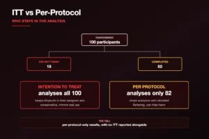 Flow diagram of 100 randomised participants comparing intention-to-treat analysis of all 100 with per-protocol analysis of 82 completers