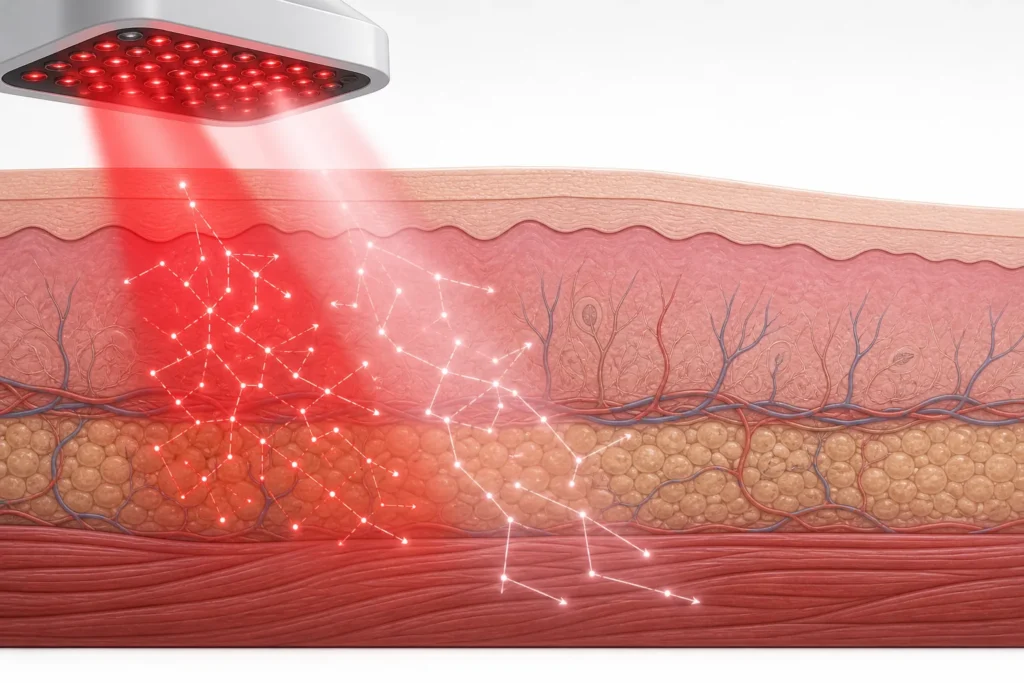 Cross-section illustration of skin, subcutaneous tissue and muscle showing red light scattering and attenuating with depth.