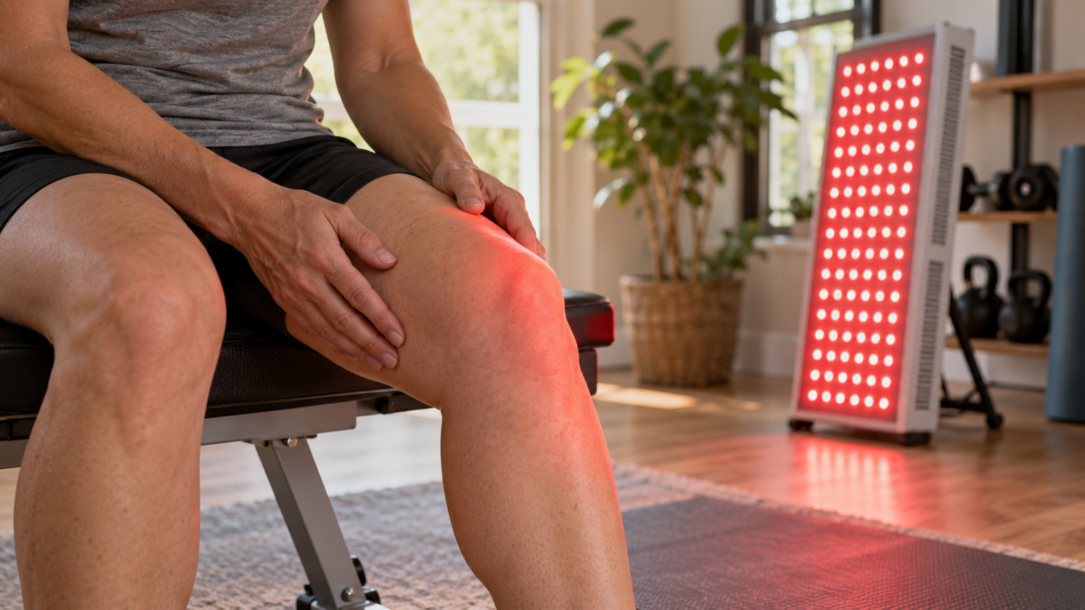 Person seated near a red light therapy panel with red light falling across their knee, illustrating red light therapy for muscle and joint recovery.