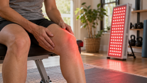 Person seated near a red light therapy panel with red light falling across their knee, illustrating red light therapy for muscle and joint recovery.