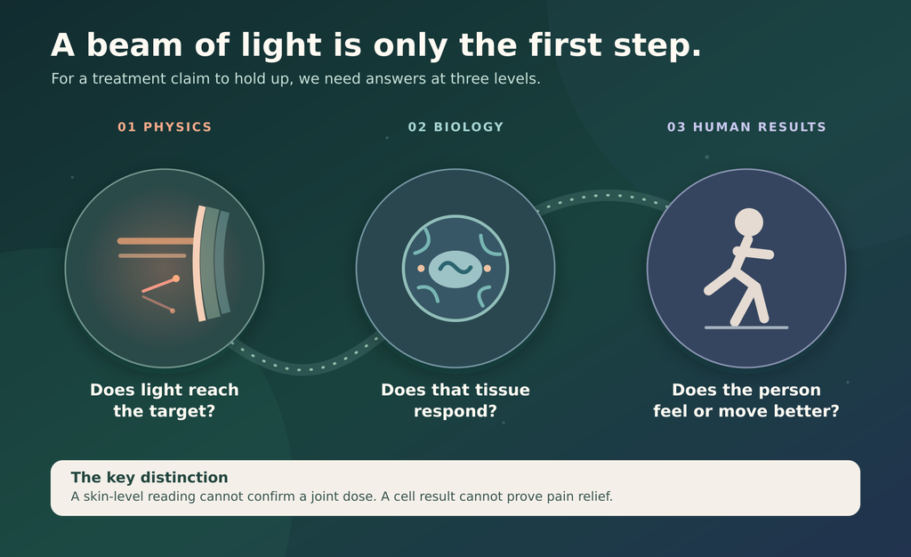 Red light therapy for muscle and joint recovery infographic showing three levels of evidence: light reaching the target, tissue responding, and a person experiencing less pain or better movement.