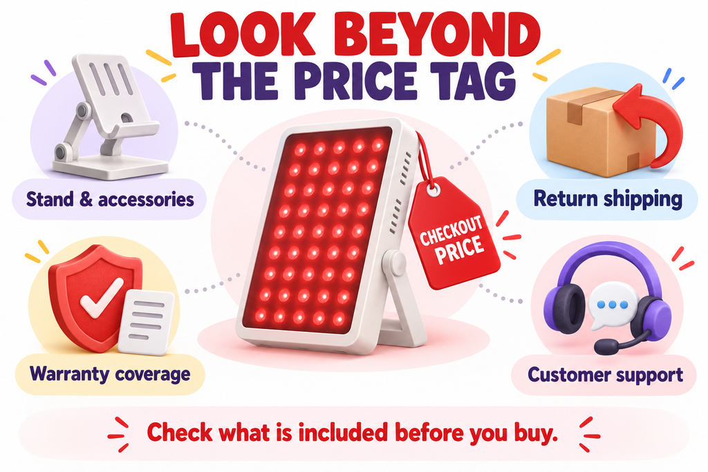 Buying guide for cheap red light therapy devices showing accessories, return shipping, warranty coverage, and customer support to check beyond the price.