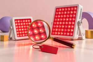 Two illuminated panels beside a magnifying glass and blank price tag illustrate comparing cheap red light therapy devices beyond price.