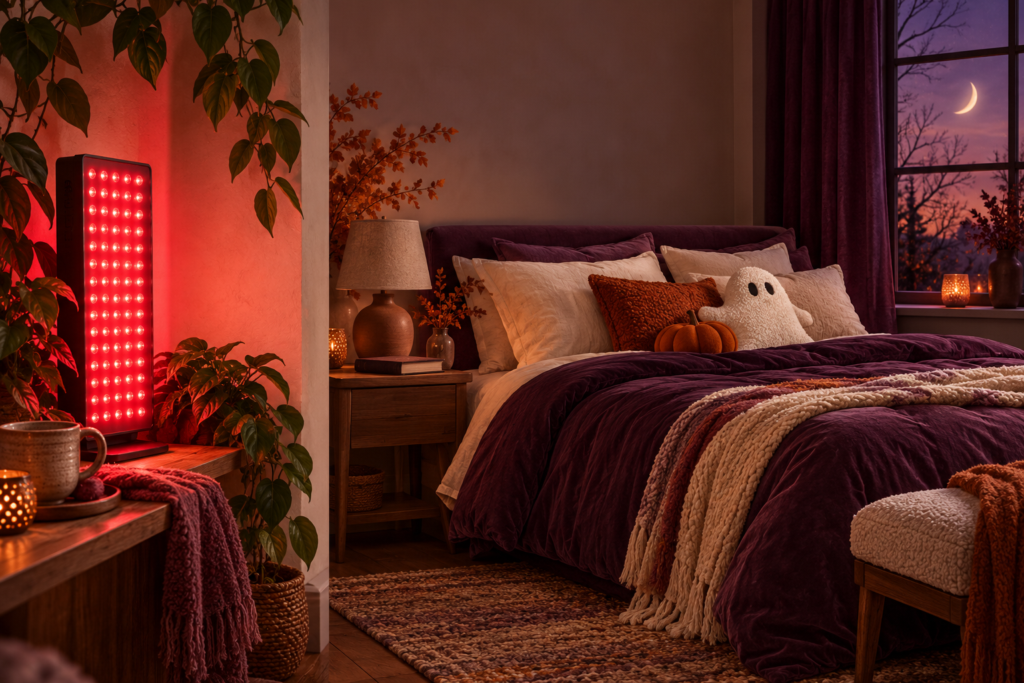 Red light therapy for sleep featured image showing an LED panel beside a cozy Halloween bedroom with pumpkins and a ghost-shaped pillow.