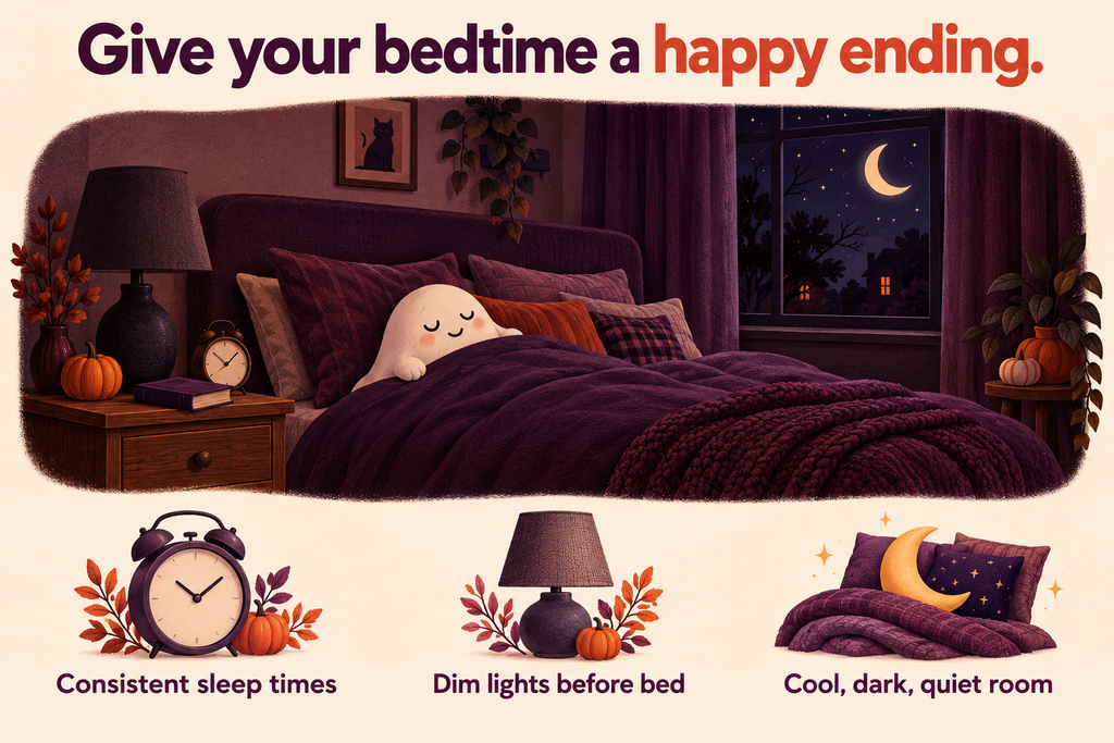 A friendly ghost tucked into a cozy Halloween bedroom, with reminders to keep consistent sleep times, dim lights before bed, and a cool, dark, quiet room.
