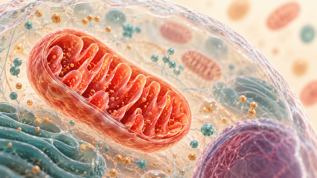 Conceptual illustration of cells exposed to red light in a laboratory culture dish for mitochondrial redox signaling research.