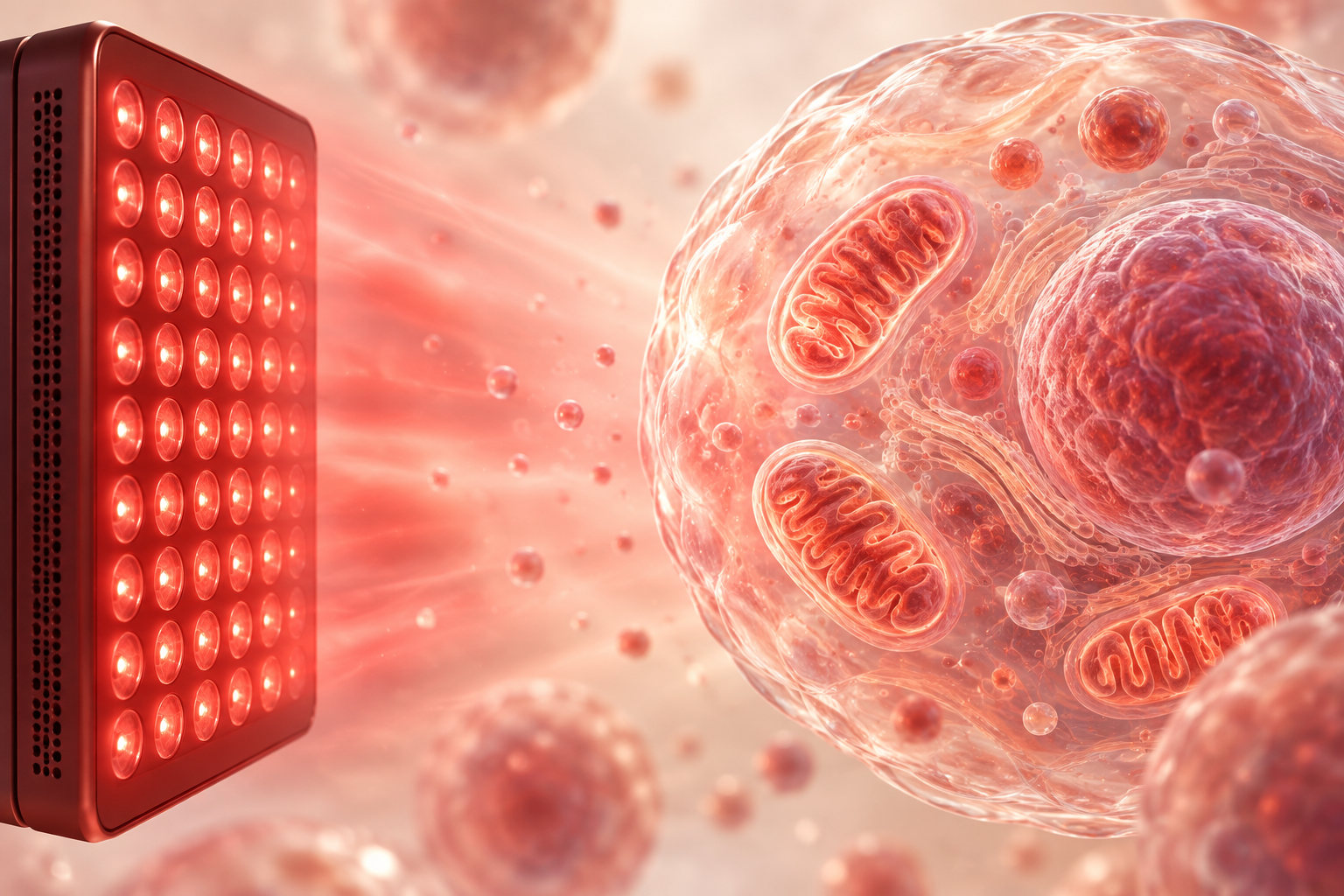 Conceptual illustration of a red LED panel beside a cell containing mitochondria, representing how red light therapy works.