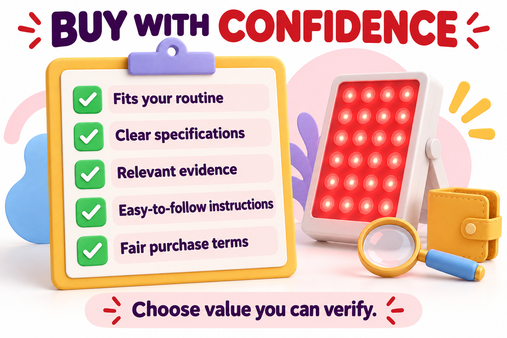 Checklist for comparing cheap red light therapy devices, covering routine fit, clear specifications, relevant evidence, instructions, and purchase terms.