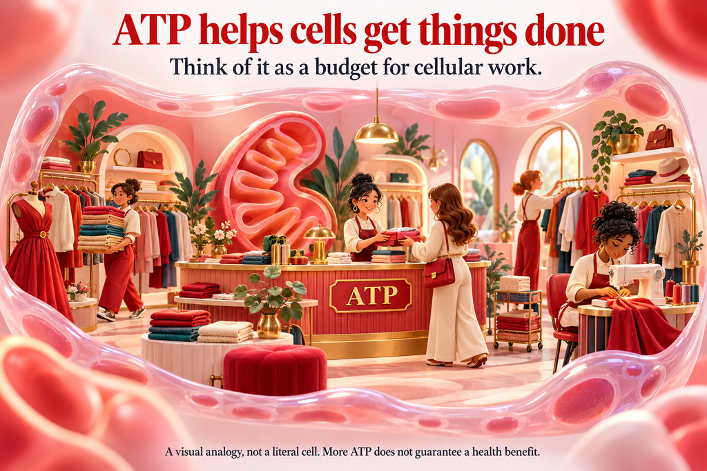 Illustration of a clothing boutique inside a stylized cell, showing how red light therapy works and supports cellular work like a budget supports a store’s operations.