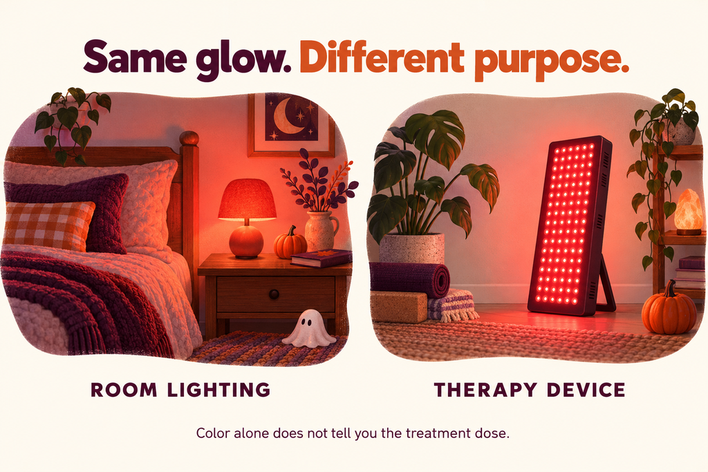 Halloween-themed comparison of a red bedside lamp and an LED therapy panel, showing that room lighting and red light therapy therapy for sleep devices serve different purposes.