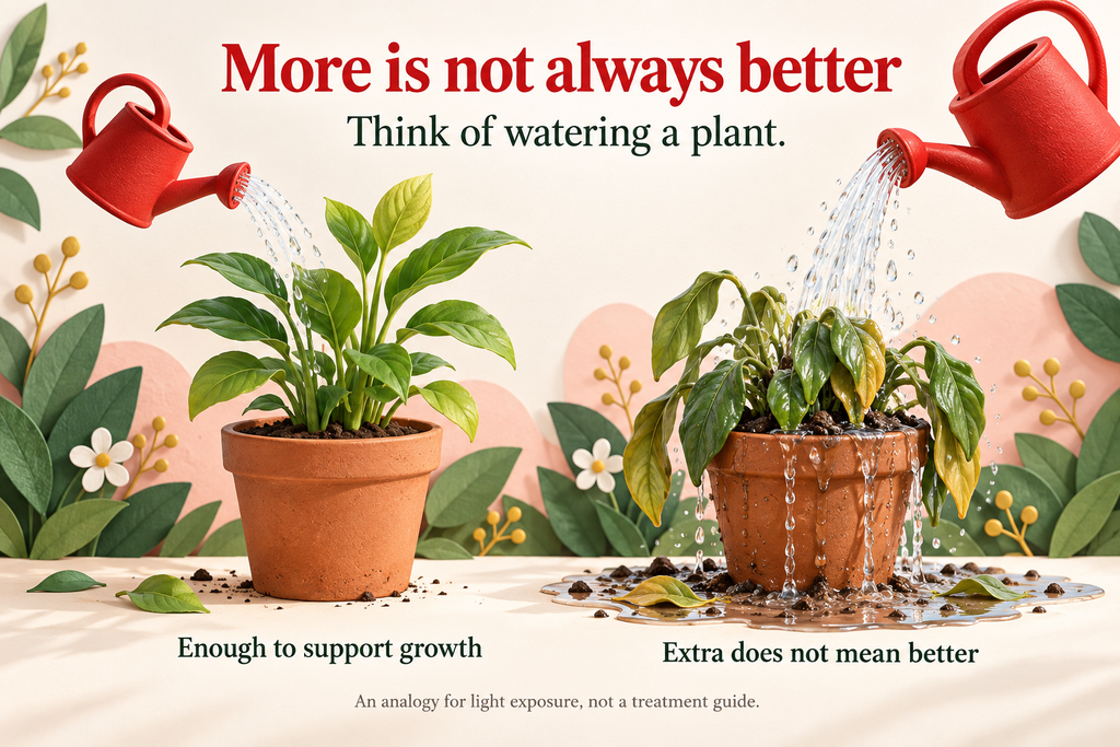 Plant-watering comparison explaining how red light therapy works and why more light exposure does not always mean better results.